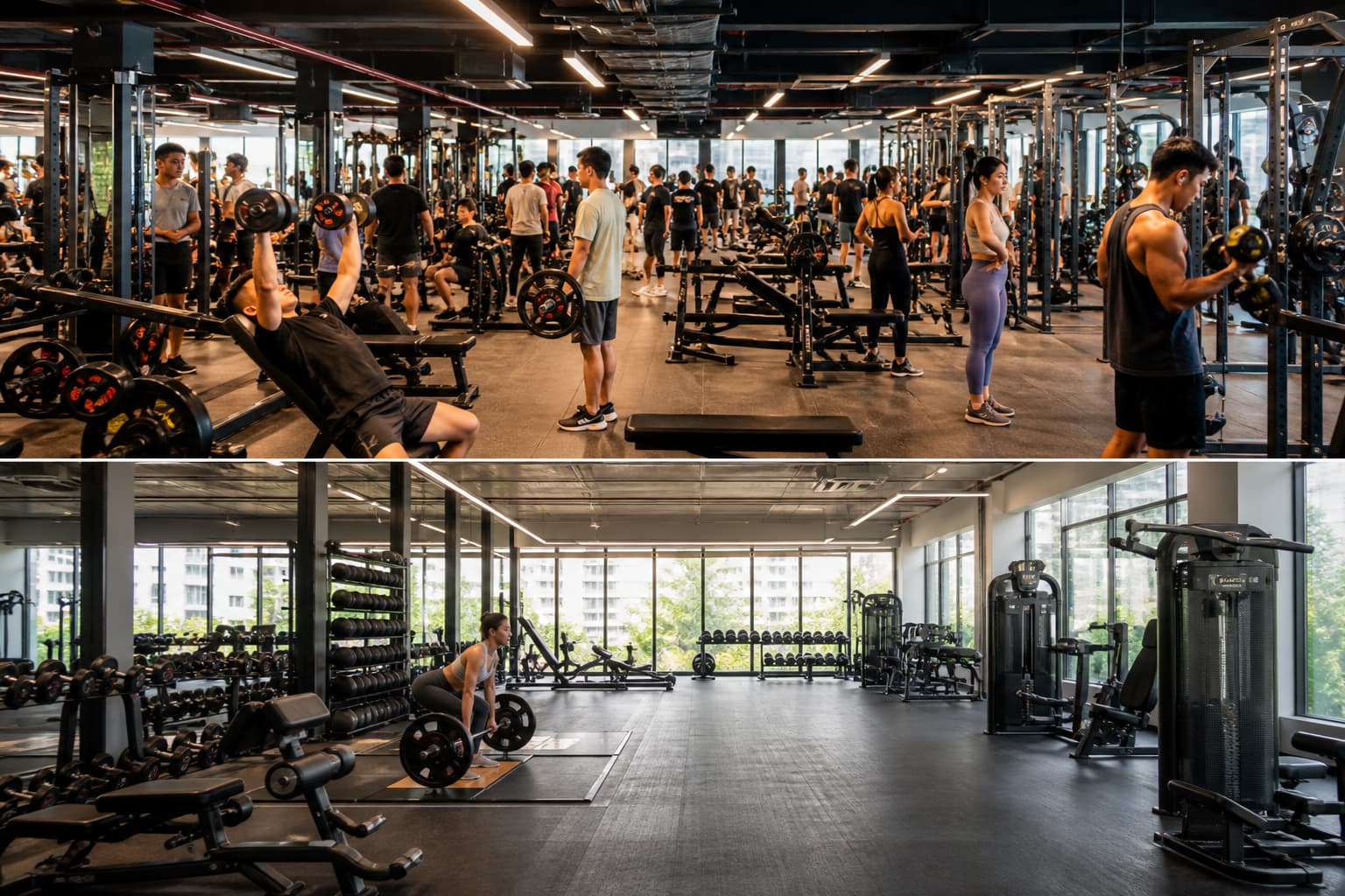 Cộng đồng hội viên đang tập luyện trong không gian phòng gym thân thiện