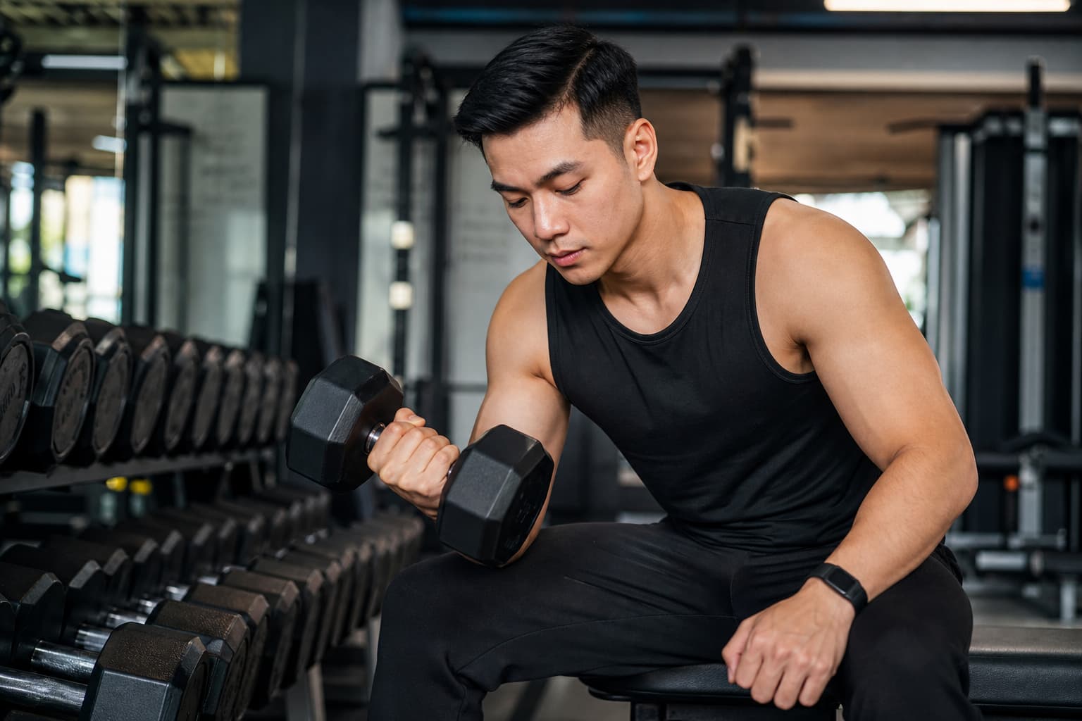 Người tập tạ trong phòng gym để giữ cơ khi áp dụng thâm hụt calo giảm mỡ