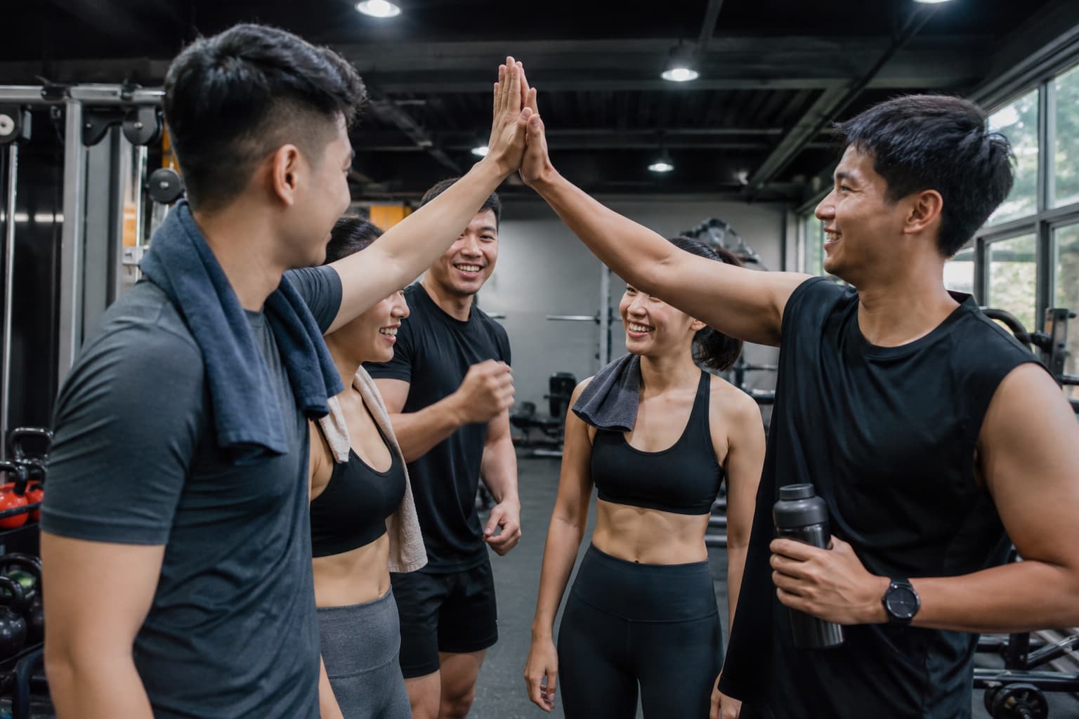 Nhóm tập gym khích lệ nhau sau buổi tập