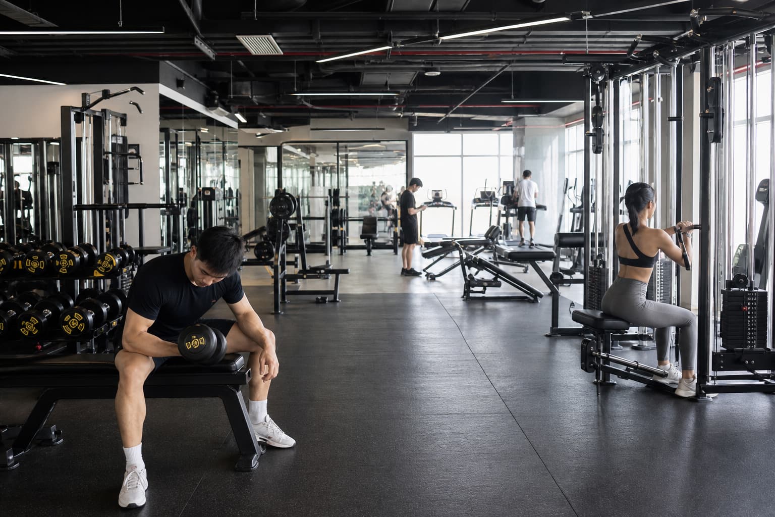 Phòng gym truyền thống với máy tập và khu vực tạ tự do