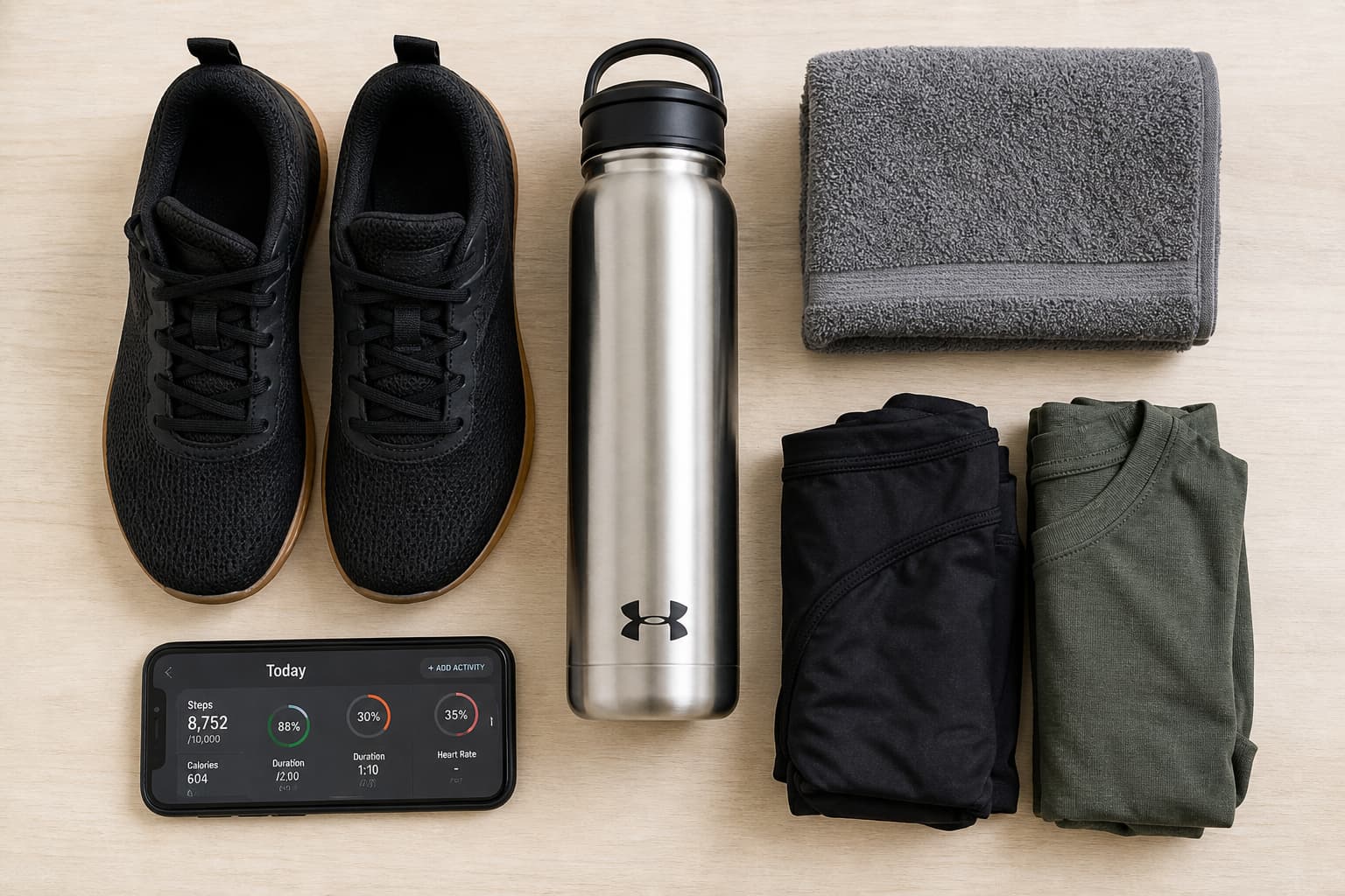 Đồ chuẩn bị cho người mới tập gym: giày tập, bình nước, khăn, đồ tập và app theo dõi