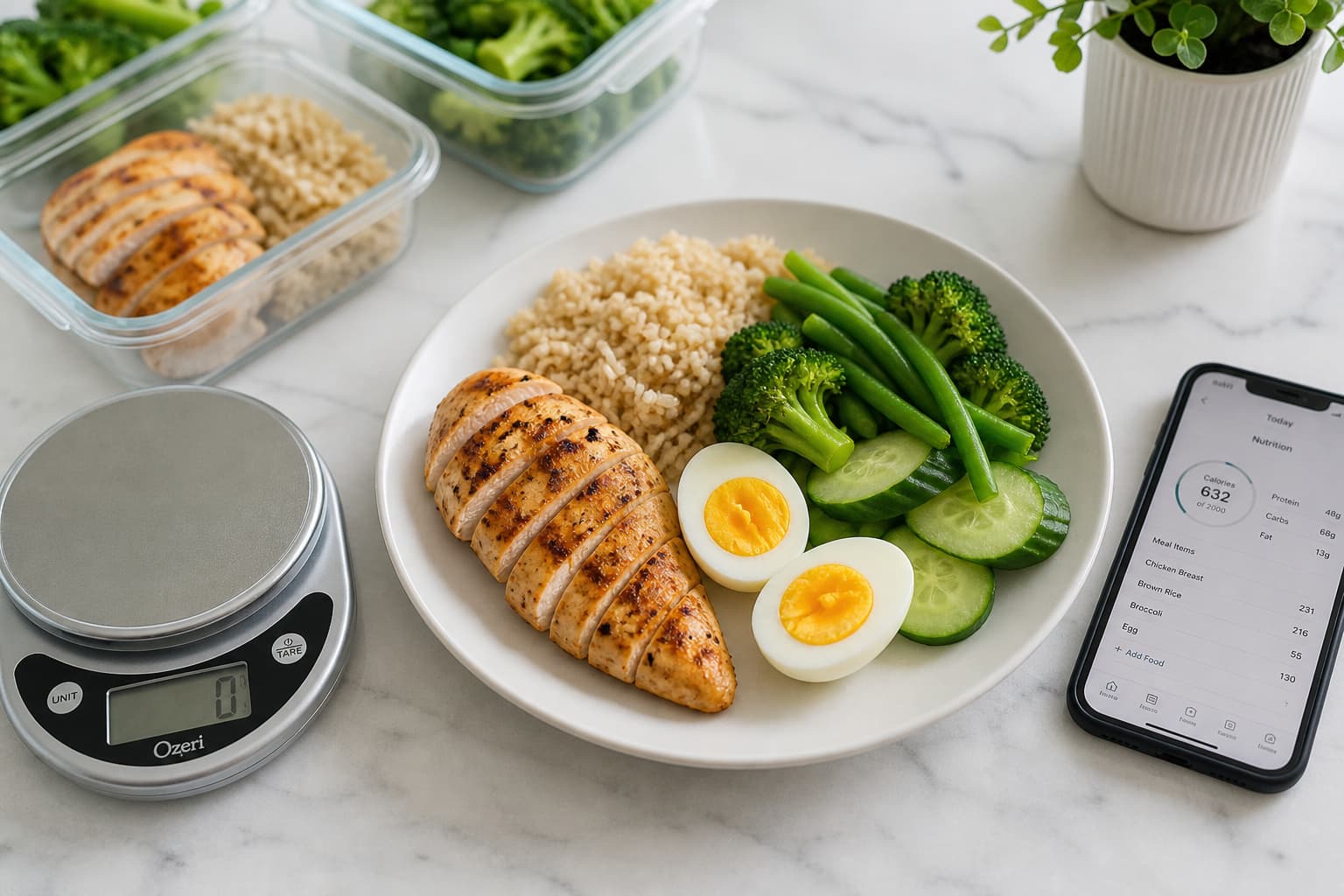 Bữa ăn giàu protein chia khẩu phần: ức gà, cơm gạo lứt, rau xanh và trứng