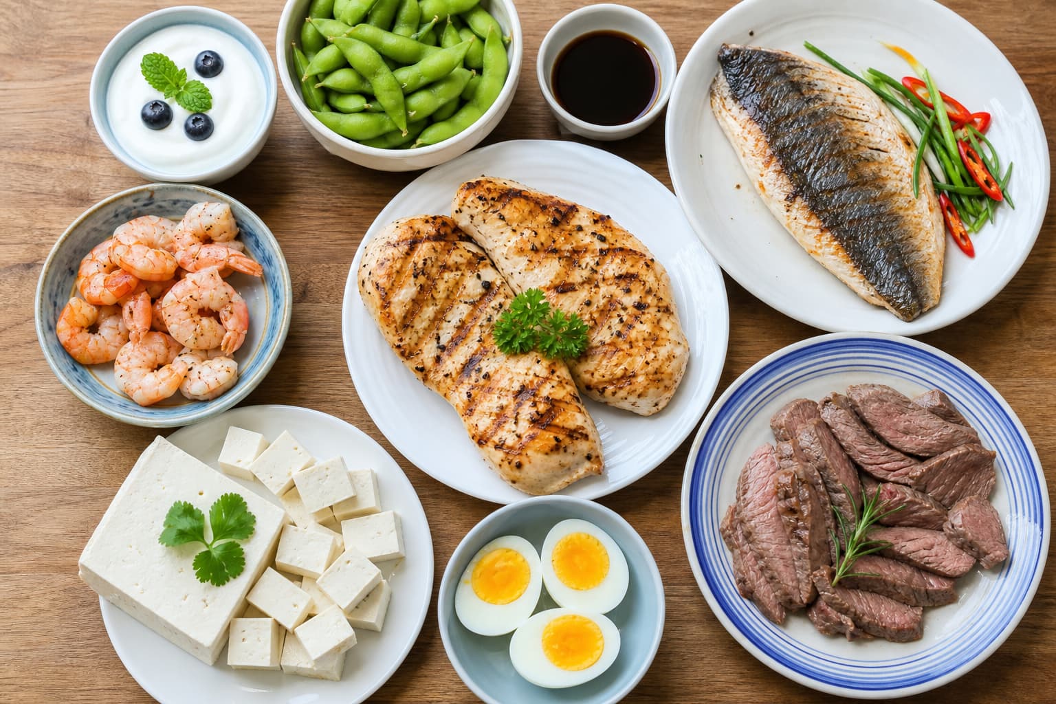 Các nguồn protein cho người Việt: ức gà, cá, trứng, thịt bò, đậu phụ, đậu nành, tôm, sữa chua
