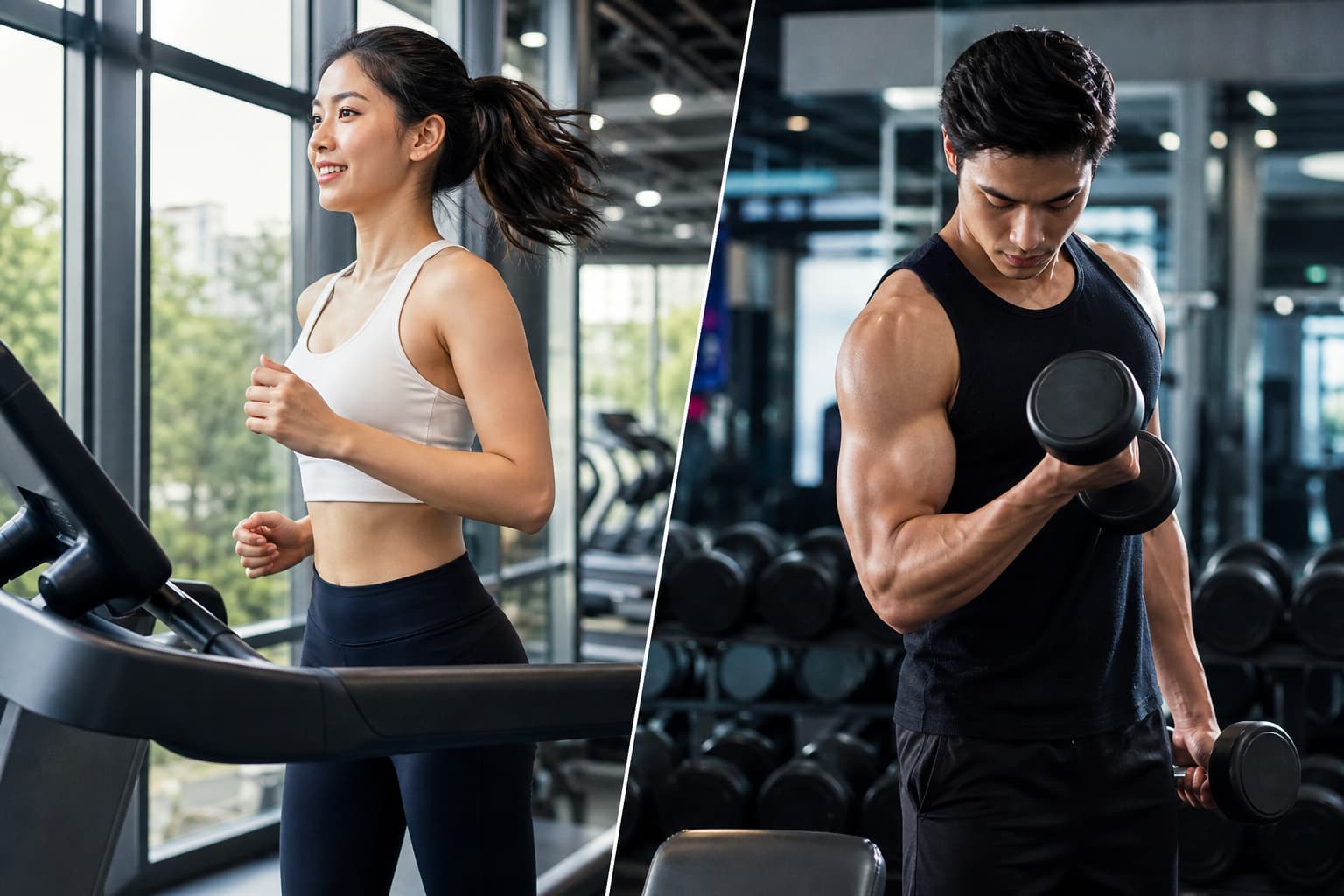 Kết hợp cardio và tập tạ: chạy bộ trên máy và tập tạ tay trong phòng gym hiện đại