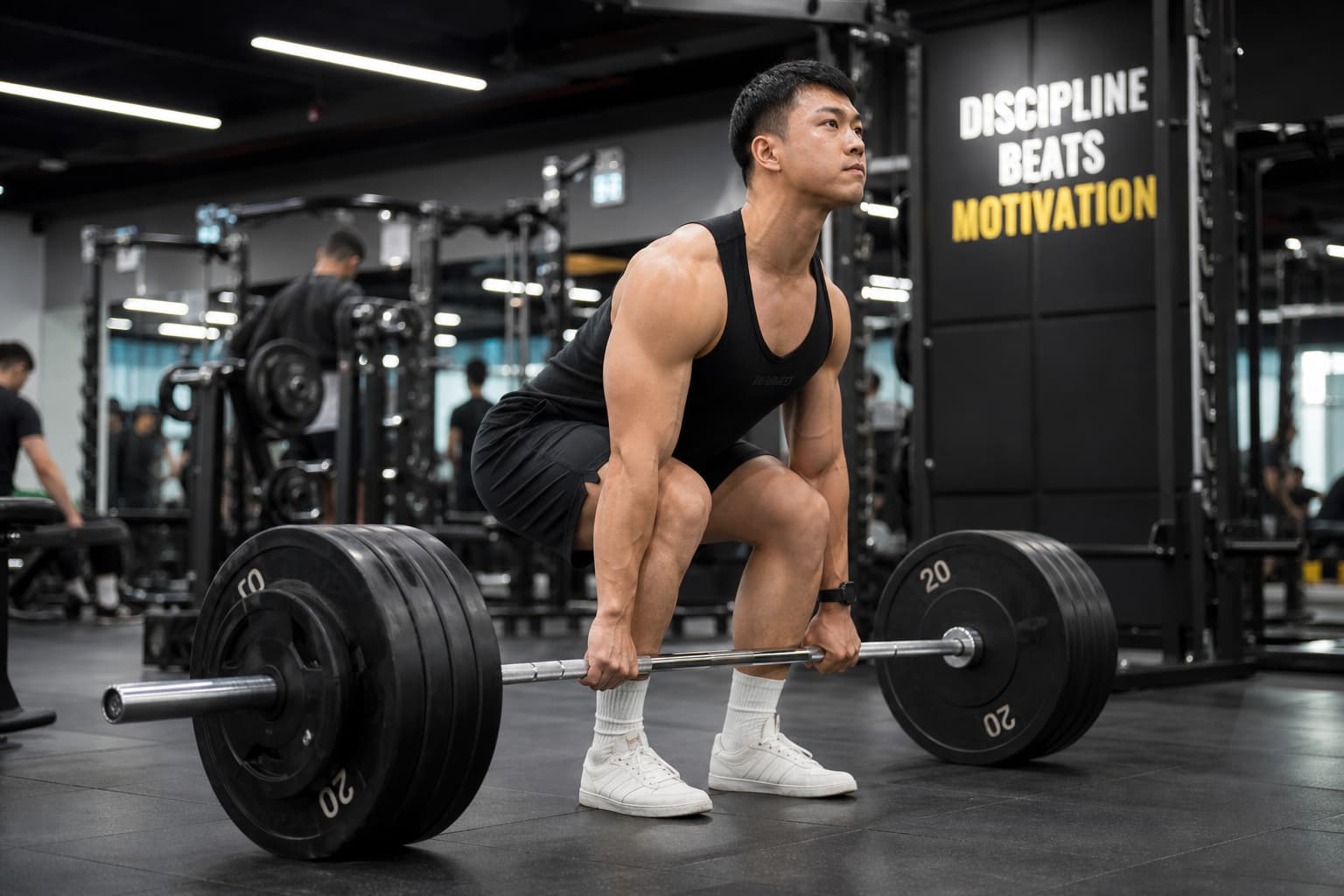 Người tập thực hiện động tác với tạ đòn, minh hoạ nguyên tắc progressive overload