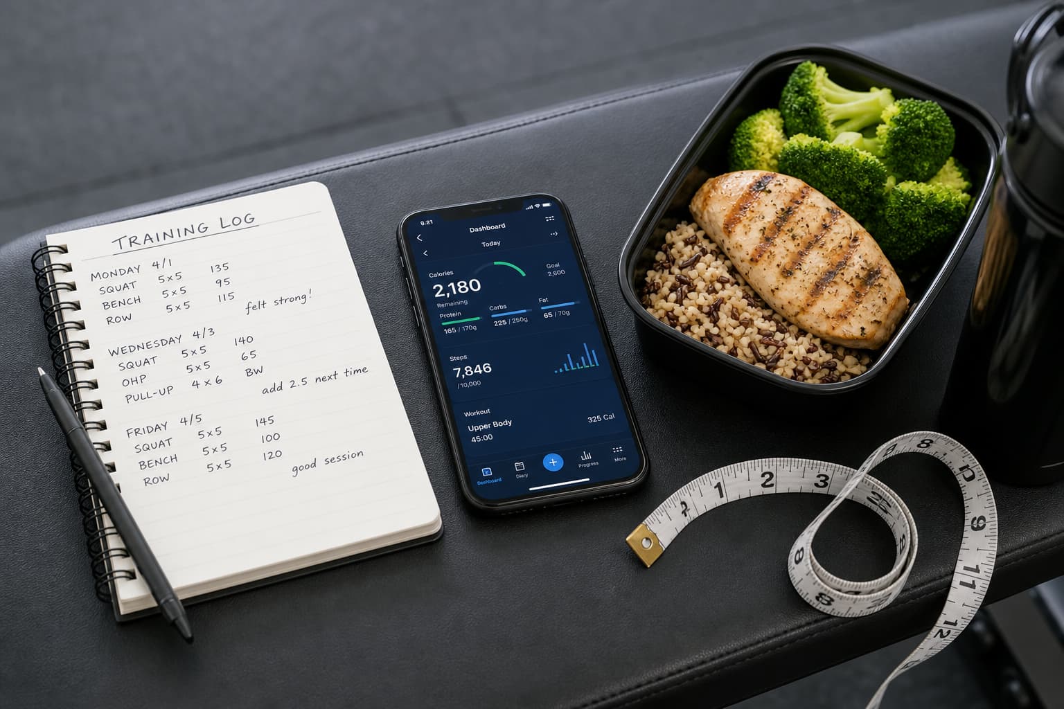 Theo dõi tiến độ tập gym: sổ ghi lịch tập, app fitness, thước dây và bữa ăn giàu protein