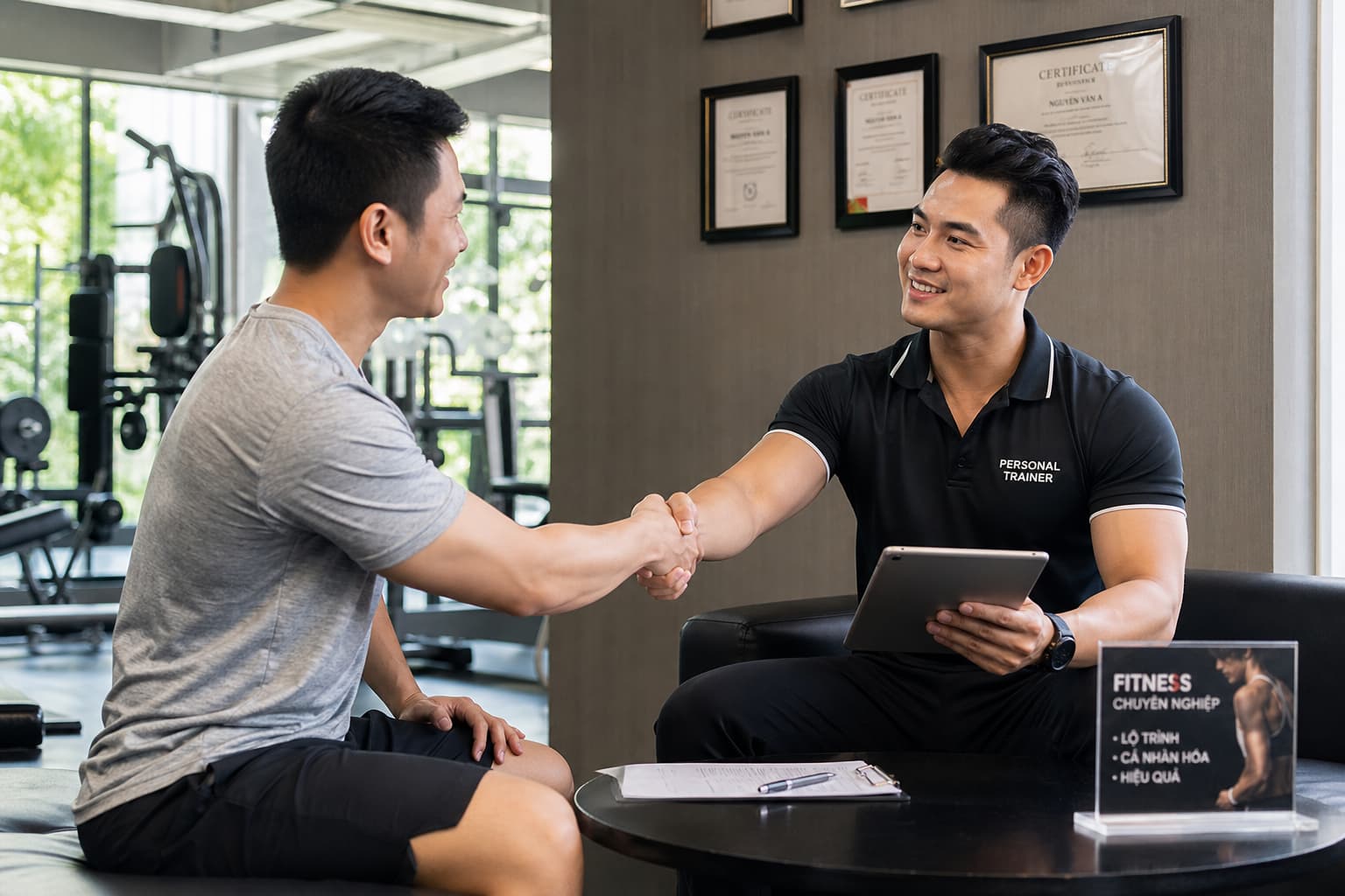 Học viên trao đổi và bắt tay với PT trong buổi tư vấn trước khi đăng ký tập